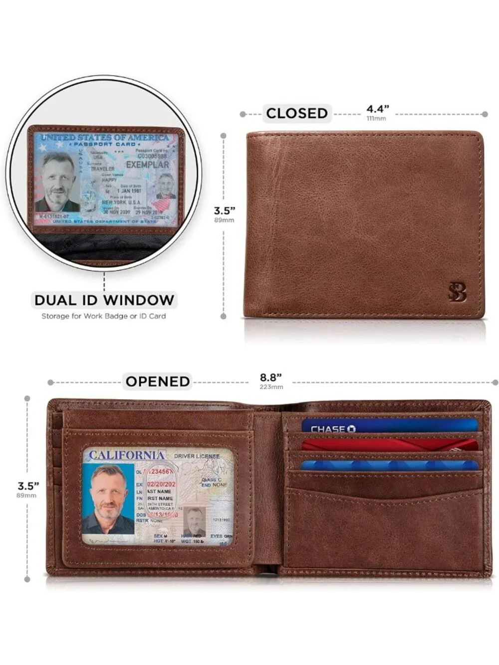 2 RFID Blocking Bifold Wallets for Men - Full Grain Leather, ID Window Design